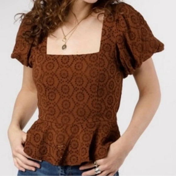 BAND OF THE FREE Palmer Eyelet Lace Walnut Brown Boho Peplum Top NWT Medium - Picture 3 of 8